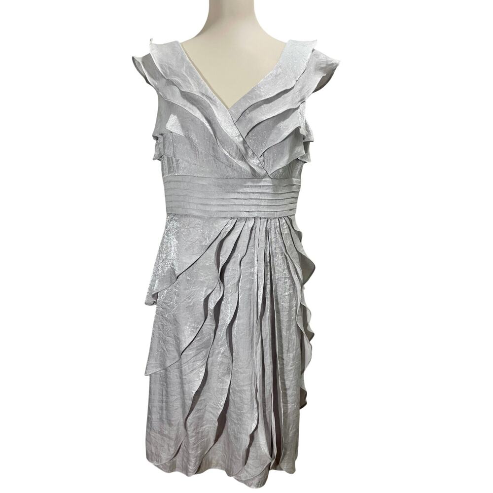 Vintage 90s Layered Cocktail Dress Maggy London Size 14P Silver Chiffon Sparkle